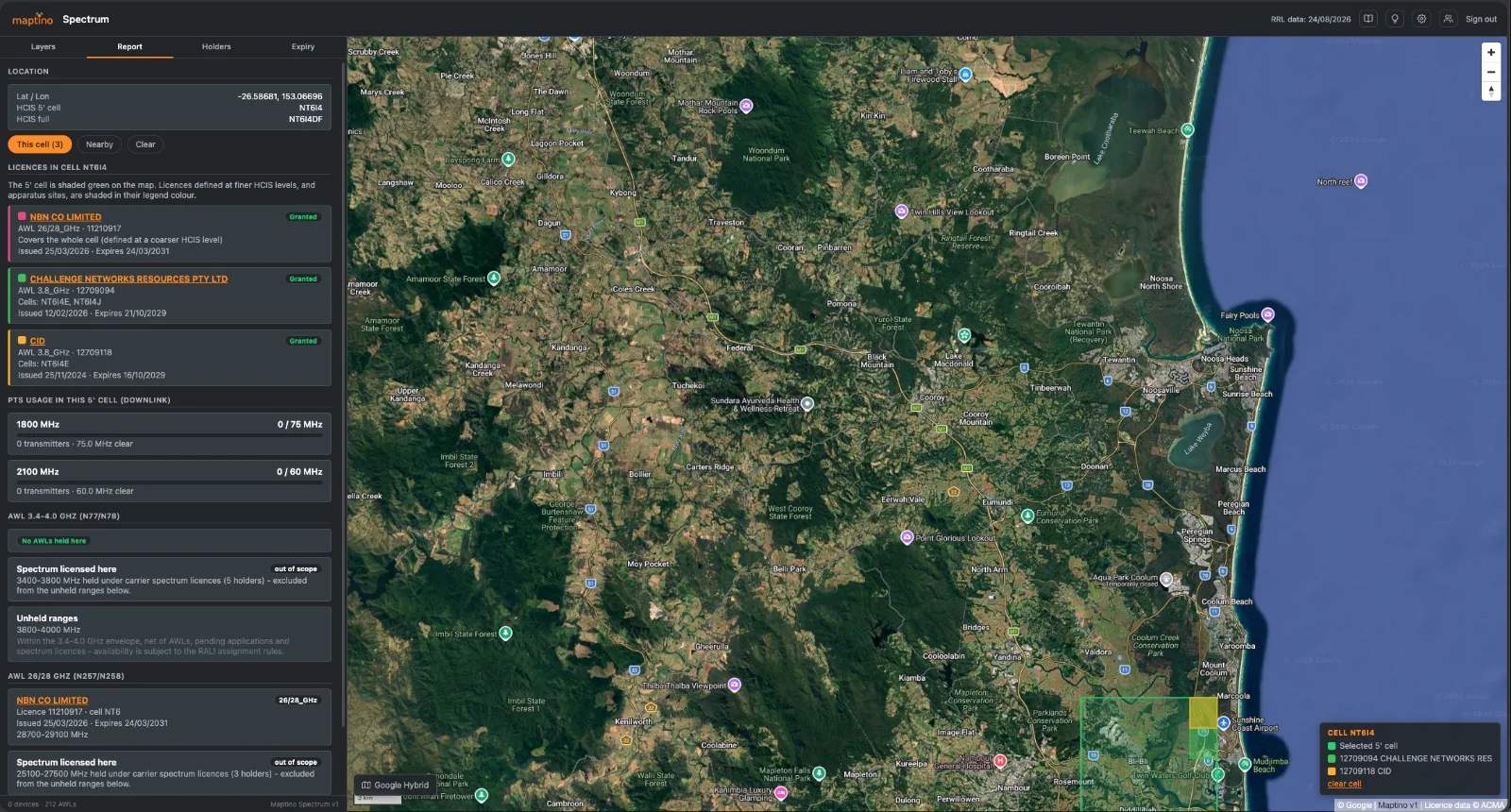 RFMapper ACMA Spectrum Mapping — licence report over satellite map
